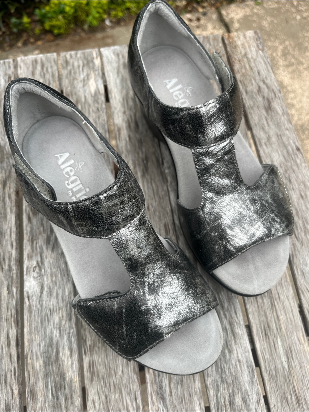 Alegria Metallic Black T‑Strap Open-Toe Heels